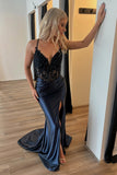 Black Beaded Corset Pleated Mermaid Prom Dress with Slit