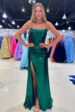 Green Corset Tight Pleated Strapless Prom Dress with Slit