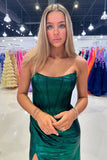 Green Corset Tight Pleated Strapless Prom Dress with Slit