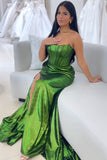 Green Corset Tight Pleated Strapless Prom Dress with Slit