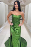 Green Corset Tight Pleated Strapless Prom Dress with Slit