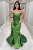 Green Corset Tight Pleated Strapless Prom Dress with Slit