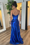 Royal Blue Corset Tight Pleated Prom Dress with Slit