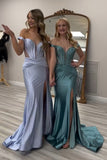Grey Green Off The Shoulder Hollow-out Prom Dress with Slit