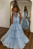 Sparkly Light Blue Appliqued Off The Shoulder Tiered Corst Prom Dress