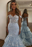 Sparkly Light Blue Appliqued Off The Shoulder Tiered Corst Prom Dress