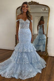 Sparkly Light Blue Appliqued Off The Shoulder Tiered Corst Prom Dress