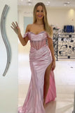 Pink Corset Off The Shoulder Pleated Prom Dress with Slit