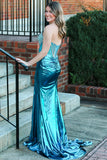Sparkly Peacock Blue Corset Tight Pleated Prom Dress with Slit