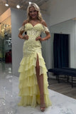 Yellow Appliques Tiered Spaghetti Straps Prom Dress with Slit