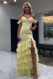 Yellow Appliques Tiered Spaghetti Straps Prom Dress with Slit