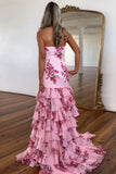 Floral Strapless Blush A Line Tiered Prom Dress