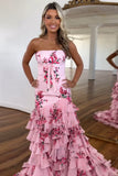 Floral Strapless Blush A Line Tiered Prom Dress