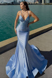 Blue Spaghetti Straps Mermaid Long Prom Dress with Beading