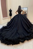 Black Flower Train Ruffles Appliques Off The Shoulder Quinceanera Dress