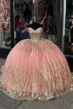Blush Appliques Strapless Tiered Train Quinceanera Dress
