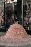 Blush Appliques Strapless Tiered Train Quinceanera Dress