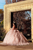 Appliques Light Pink Corset Off The Shoulder Quinceanera Dress with Bow