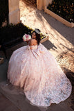 Appliques Light Pink Corset Off The Shoulder Quinceanera Dress with Bow