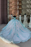 3D Floral Off The Shoulder Green Appliques Tulle Quinceanera Dress