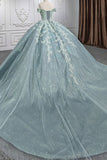 Sparkly Grey Green Floral Appliques Train Off The Shoulder Quinceanera Dress