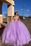 Corset Purple Butterfly Appliques Off The Shoulder Quinceanera Dress