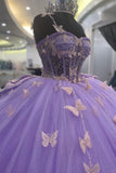 Corset Purple Butterfly Appliques Off The Shoulder Quinceanera Dress