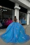 Sparkly Appliques Blue Corset Off The Shoulder Quinceanera Dress