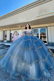 Sparkly Grey Blue Tired Tulle Off The Shoulder Quinceanera Dress
