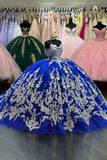 Sparkly Royal Blue Ball Gown Off-Shoulder Appliques Quinceanera Dress