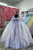 Lilac Flower Appliques Tulle Corset Off-Shoulder Quinceanera Dress