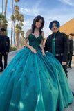 Sparkly Dark Green Beads Appliques Off-Shoulder Quinceanera Dress
