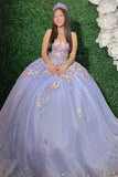 Appliques Lilac Sparkly Floral Tulle Strapless Quinceanera Dress