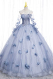 Corset Off-Shoulder Grey Blue 3D Floral Appliques Quinceanera Dress