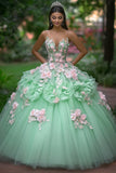 Green Floral Appliques Tiered Strapless Tulle Quinceanera Dress