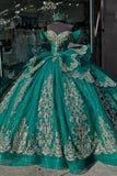 Appliques Dark Green Off the Shoulder Corset Tulle Quinceanera Dress with Removable Bow