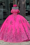 Fuchsia Sparkly Appliques Off the Shoulder Corset Quinceanera Dress with Bow