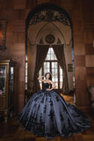 Strapless Sparkly Appliques Black Corset Off the Shoulder Quinceanera Dress