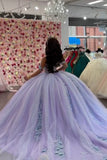 Lilac 3D Floral Sparkly Tulle Appiques Corset Off the Shoulder Quinceanera Dress