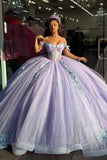 Lilac 3D Floral Sparkly Tulle Appiques Corset Off the Shoulder Quinceanera Dress