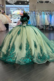 Glitter Green Appliques Corset Beads Off the Shoulder Quinceanera Dress