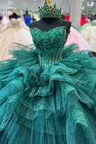 Tiered Dark Green Appliques Corset Strapless Tulle Quinceanera Dress