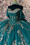 Sparkly Dark Green Appliques Sequins Corset Off the Shoulder Quinceanera Dress
