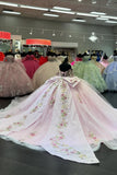 Tulle Sparkly Appliques Beads Pink Off the Shoulder Corset Bow Quinceanera Dress