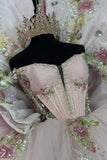 Tulle Sparkly Appliques Beads Pink Off the Shoulder Corset Bow Quinceanera Dress