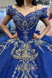 Sparkly Sequins Royal Blue Appliques Beads Corset Off the Shoulder Quinceanera Dress