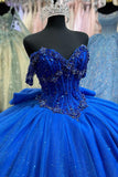 Sparkly Beads Royal Blue Appliques Bow Corset Off the Shoulder Quinceanera Dress