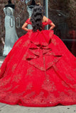 Off the Shoulder Sparkly Appliques Red Corset Quinceanera Dress with Bow