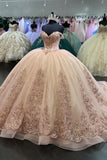 Sparkly Appliques Blush Tulle Off the Shoulder Corset Quinceanera Dress with Bowknot