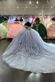 Sparkly Sequins Appliques Light Blue Tulle Off the Shoulder Corset Quinceanera Dress with Ruffles